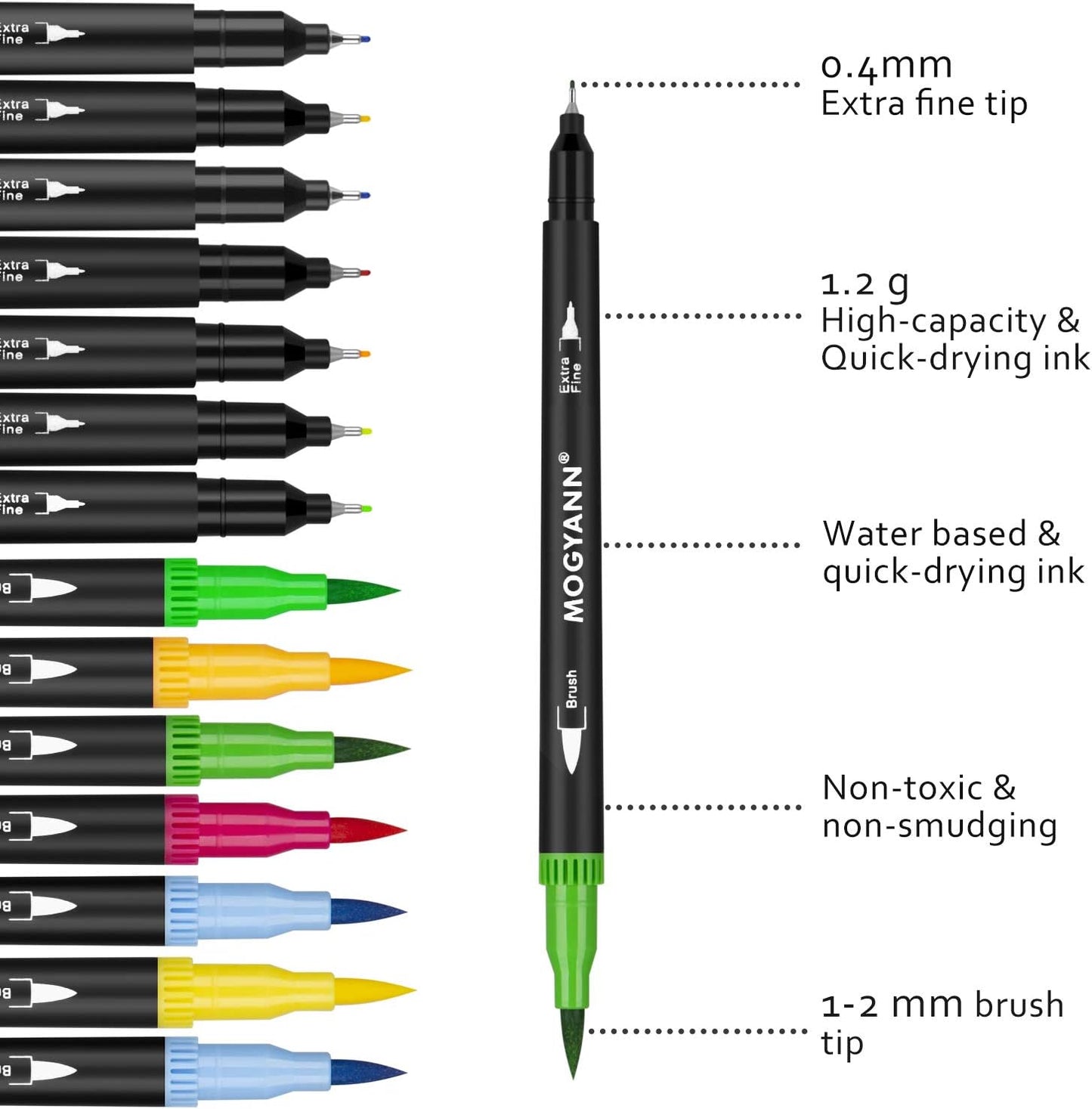 Mogyann Markers for Adult 100 Colors Dual Tip Pens with Fine and Brush Tip for Coloring and Calligraphy Drawing