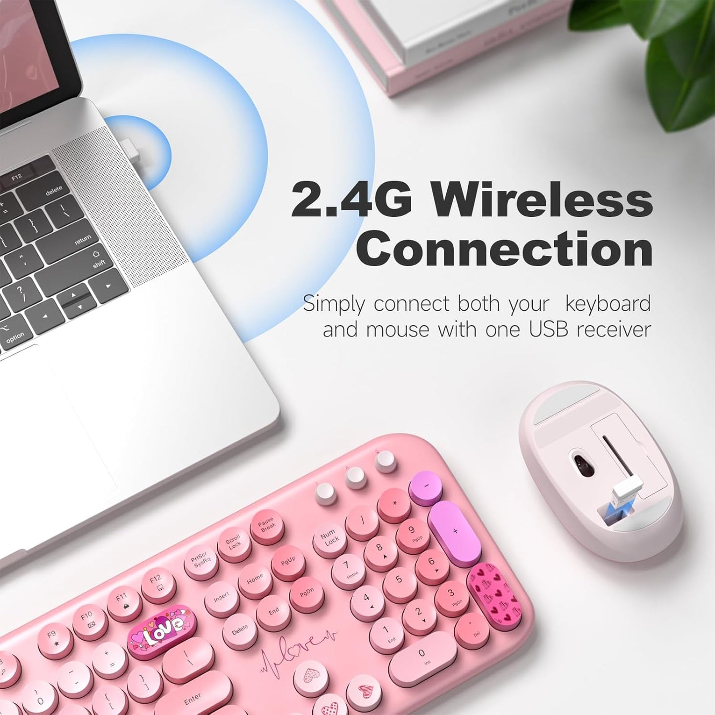 Wireless Keyboard and Mouse, Typewriter Full Size Keyboard with Number Pad and 2 in 1 USB Connected Mouse for Windows 7/8/10, Laptop, Desktop, PC, Computer (Pink Colorful)