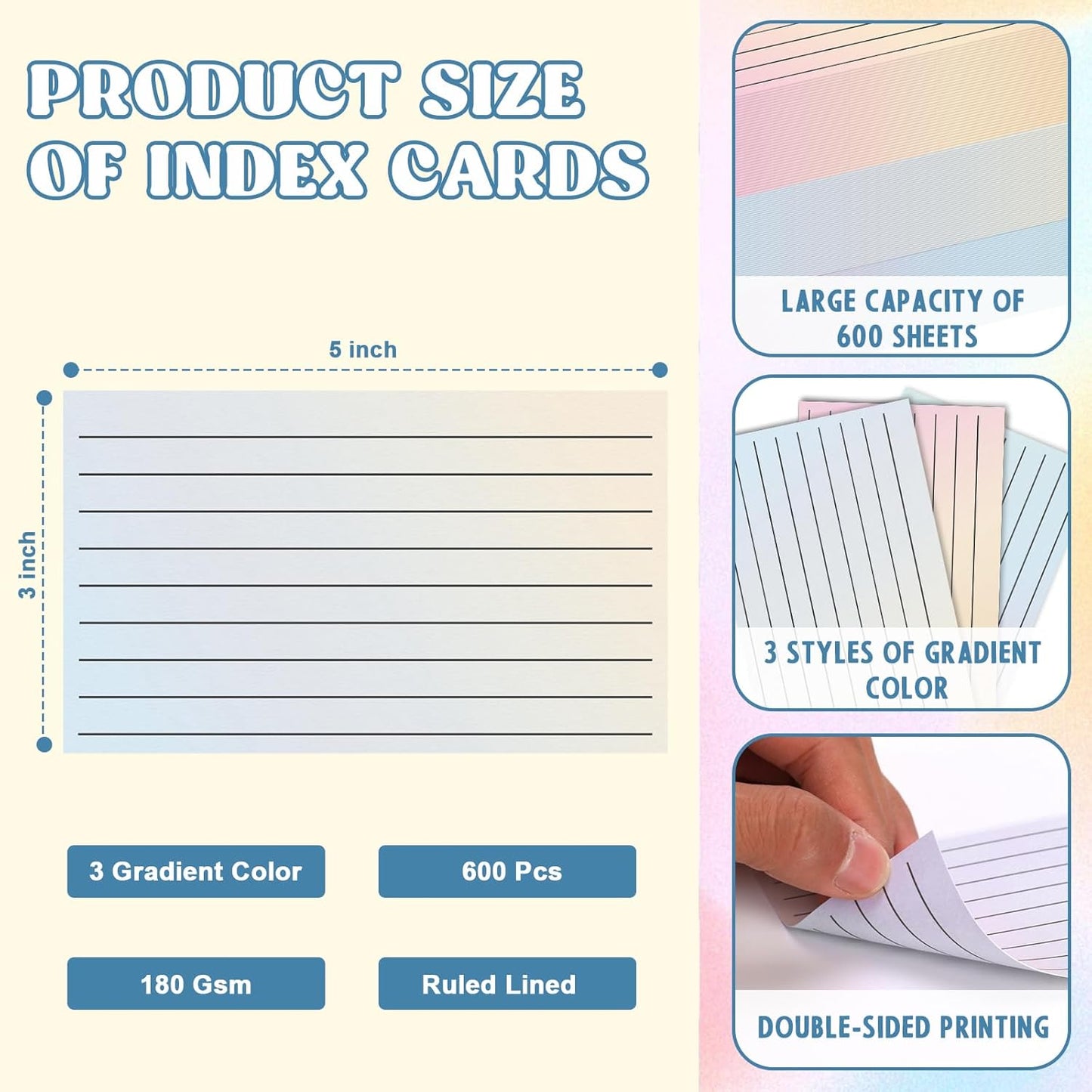 600 Pack Ruled Index Cards 3x5 Gradient Colored Index Cards Heavy Weight Note Cards 180gsm Flashcards Double Sided Notecards Lined Recipe Cards for Studying Drawing