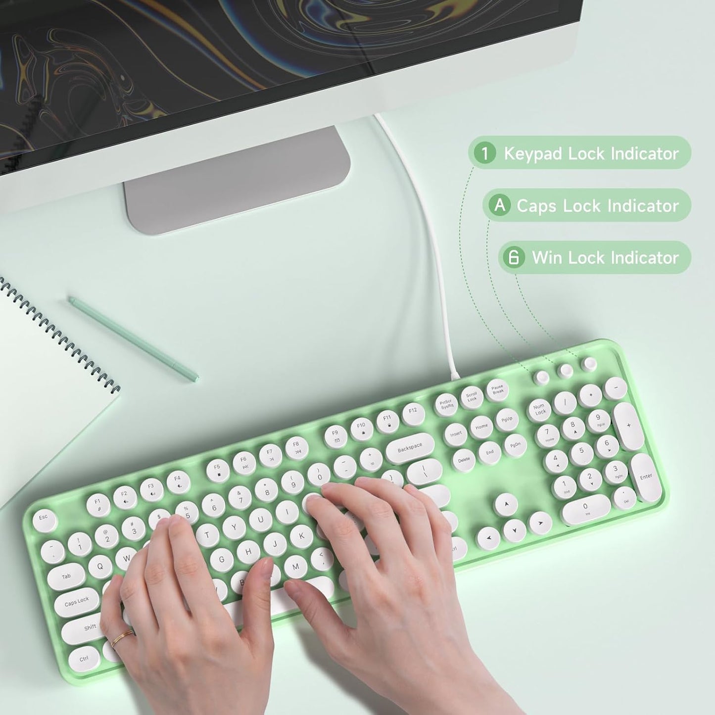 Computer Keyboard Wired, Plug Play USB Keyboard with Large Number Pad, Caps Indicators, Foldable Stands, Full Size Keyboard for Windows PC Laptop (Green-White)