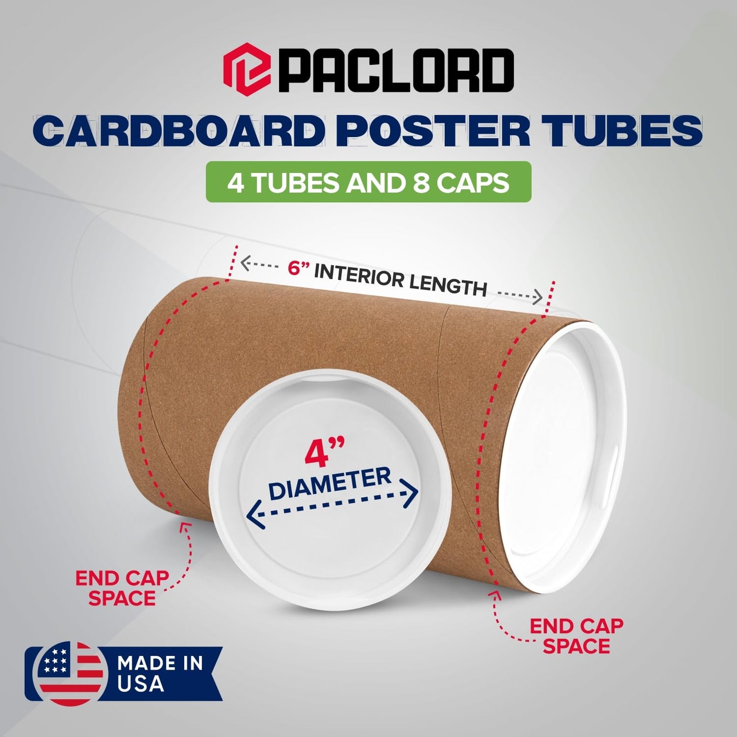 4" x 6" Reinforced Kraft Paper Mailing Tubes, Pack of 4 Tubes with 2 Caps Each – USPS Approved Poster Tube – Made in USA Cardboard Tube for Shipping and Storing Posters, Prints, Artwork, or Documents