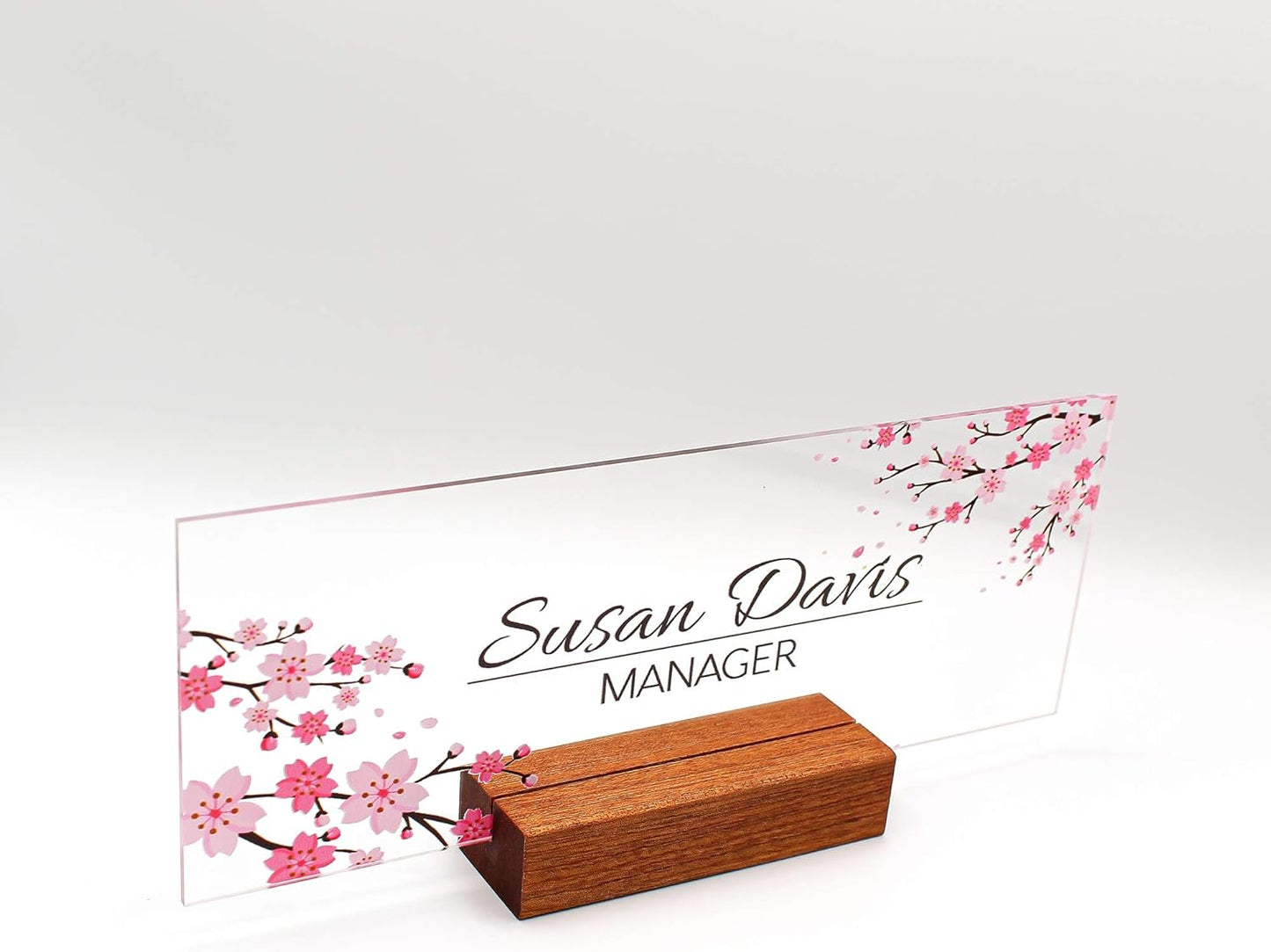 Custom desk nameplate desk décor wood base holder office supply acrylic sign coworker gift teacher school flower floral (8"x3"
