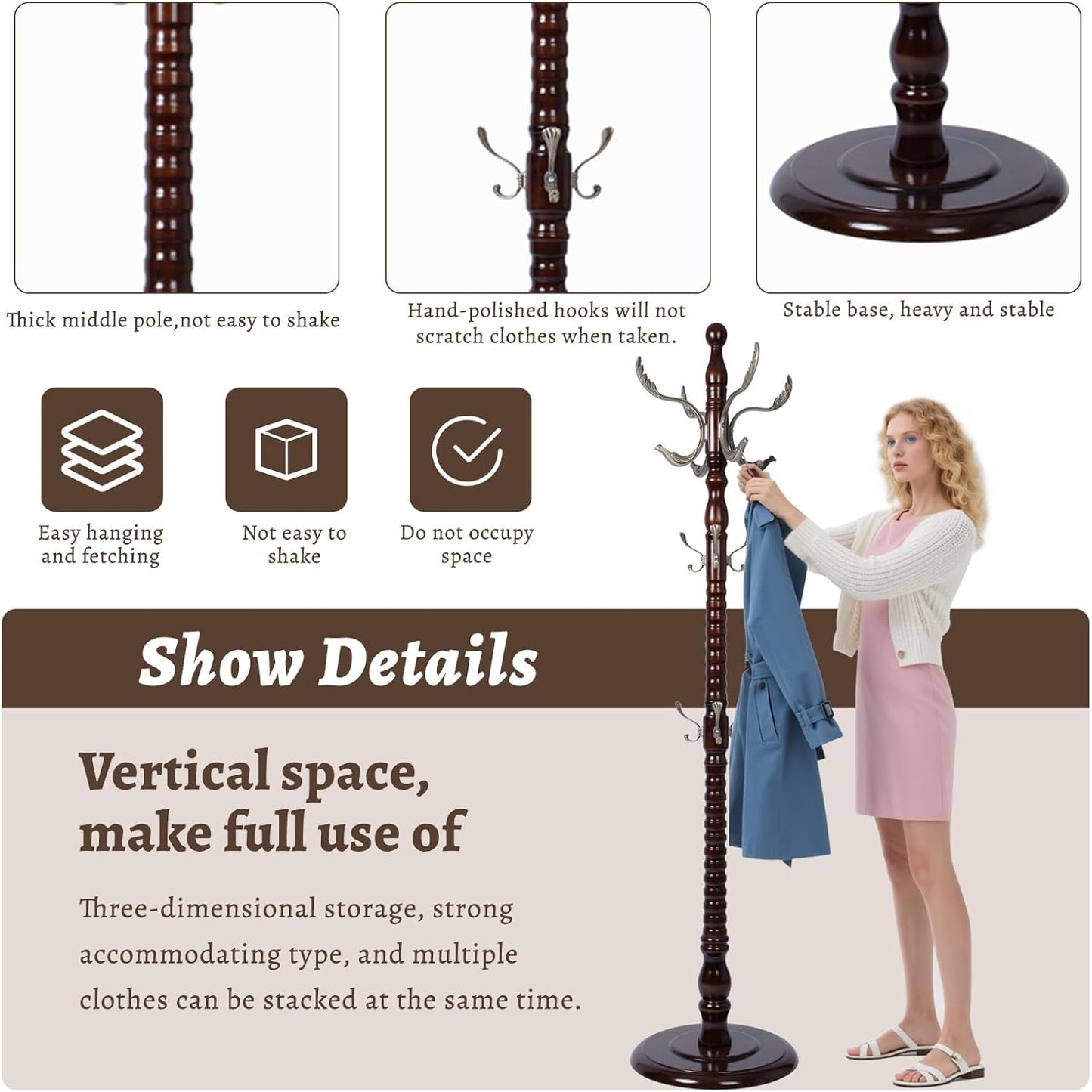 Wooden Coat Rack Freestanding with Resin Hooks, Adjustable Heavy Duty Stand for Hanging Coats, Bags, Hats, and Umbrellas in Living Room, Bedroom, Entryway (Rosewood-Metal Hook)