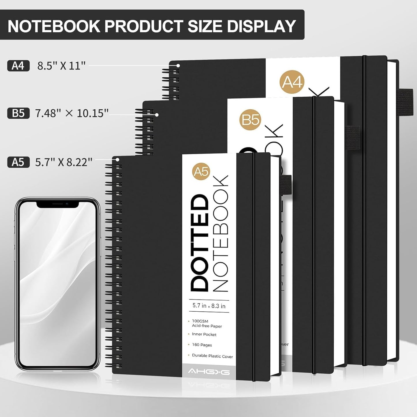 AHGXG Bullet Dotted Journal - Dot Grid Spiral Notebook B5, 140 Pages, 100 GSM Thick Paper, Waterproof Plastic Cover Journals for Bullet Journaling, Sketching, 7.6" x 10", Black