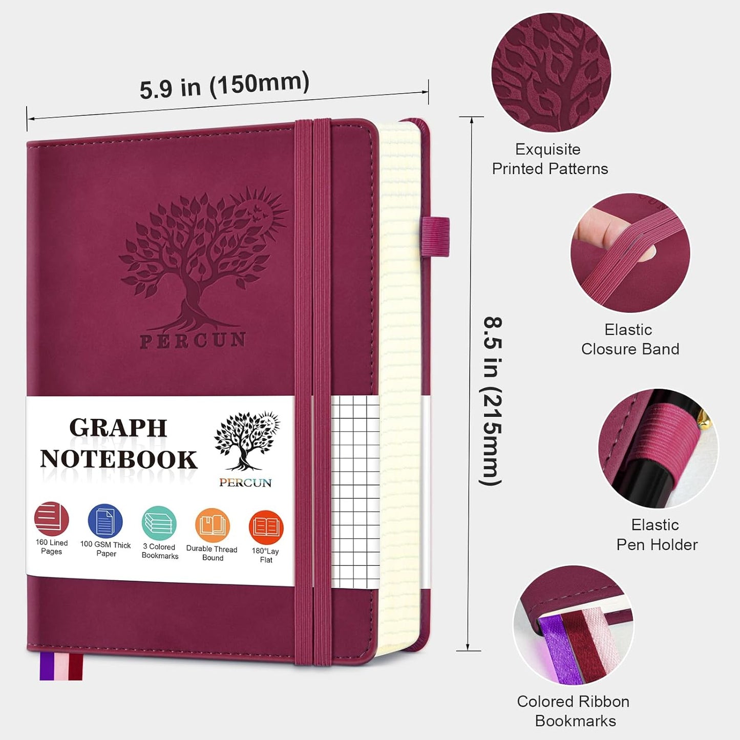 PERCUN Graph Paper Notebook, 160 Pages Grid Journal for women & men, A5 Hardcover Leather Graphing Notebook for School, Work, Travel, Note Taking 5.9”x8.5” (Burgundy)