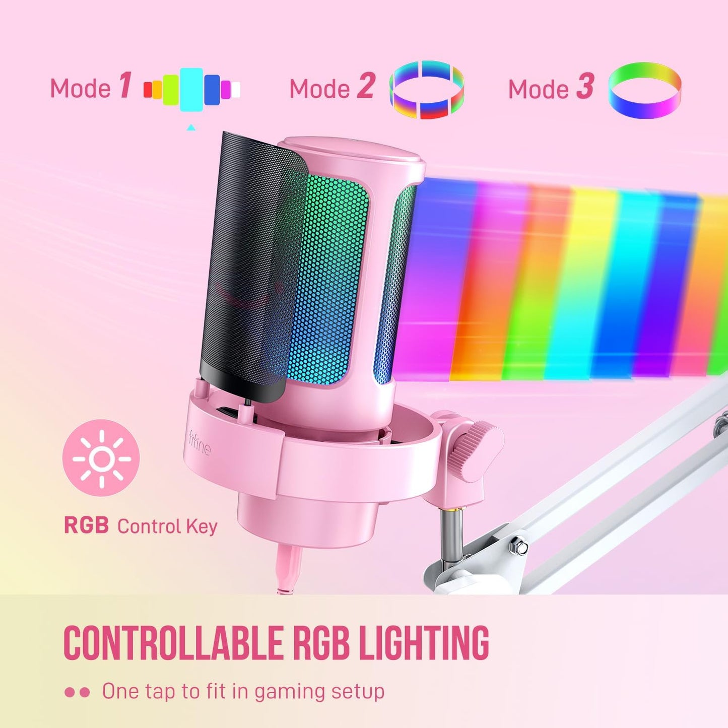 FIFINE USB Streaming Microphone with Boom Arm, Gaming Mic Kit for PC PS4/PS5, Podcast Microphone for Podcast with RGB Control, Mute Button, Gain Knob, Headphones Jack, Pop Filter-A8T Pink