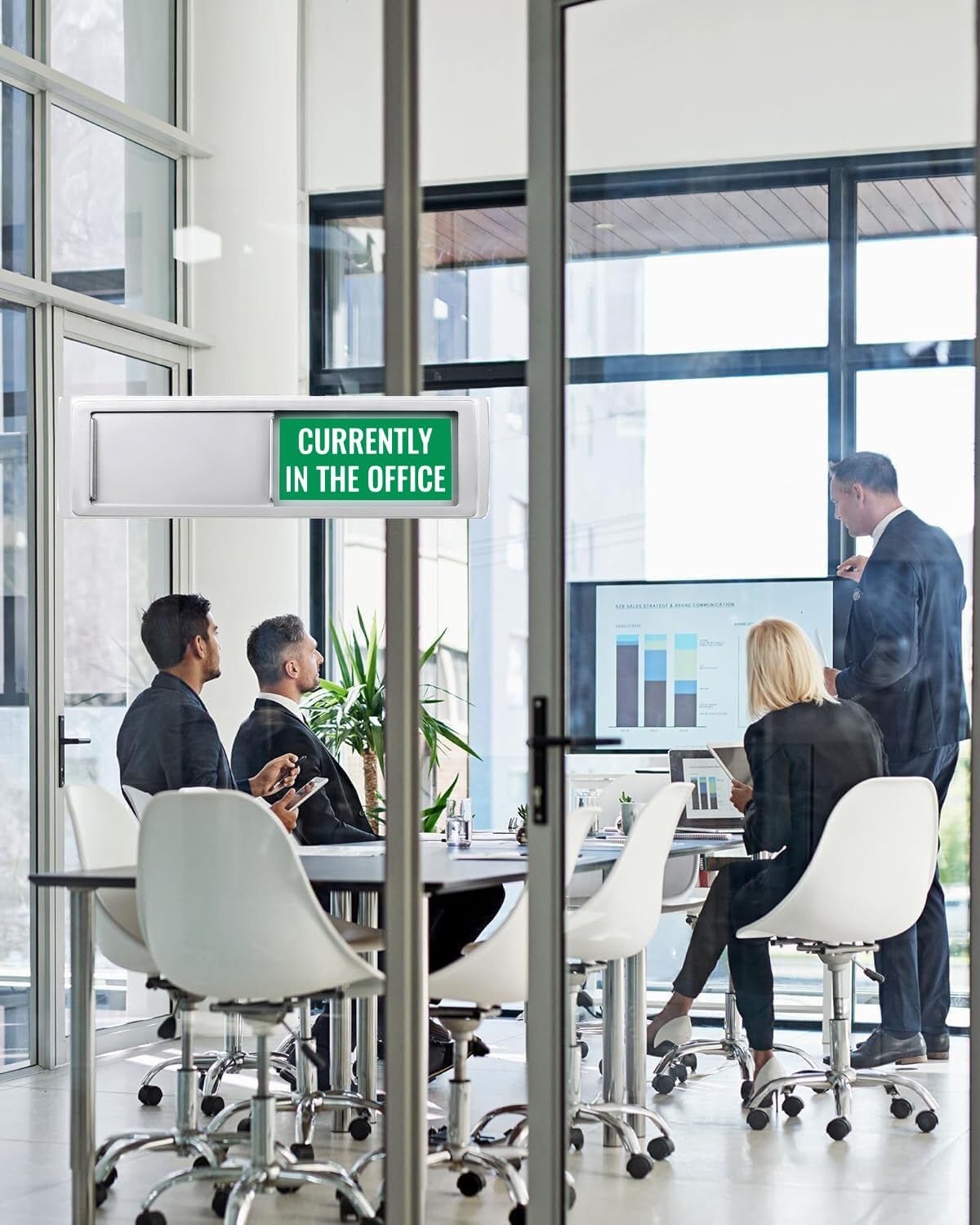 Currently In/Out of Office Magnetic Door Sign - 7"x2" Employee Status Slider, Non-Scratch Privacy Indicator for Office Cubicles, Home Offices, Conference Rooms - Silver