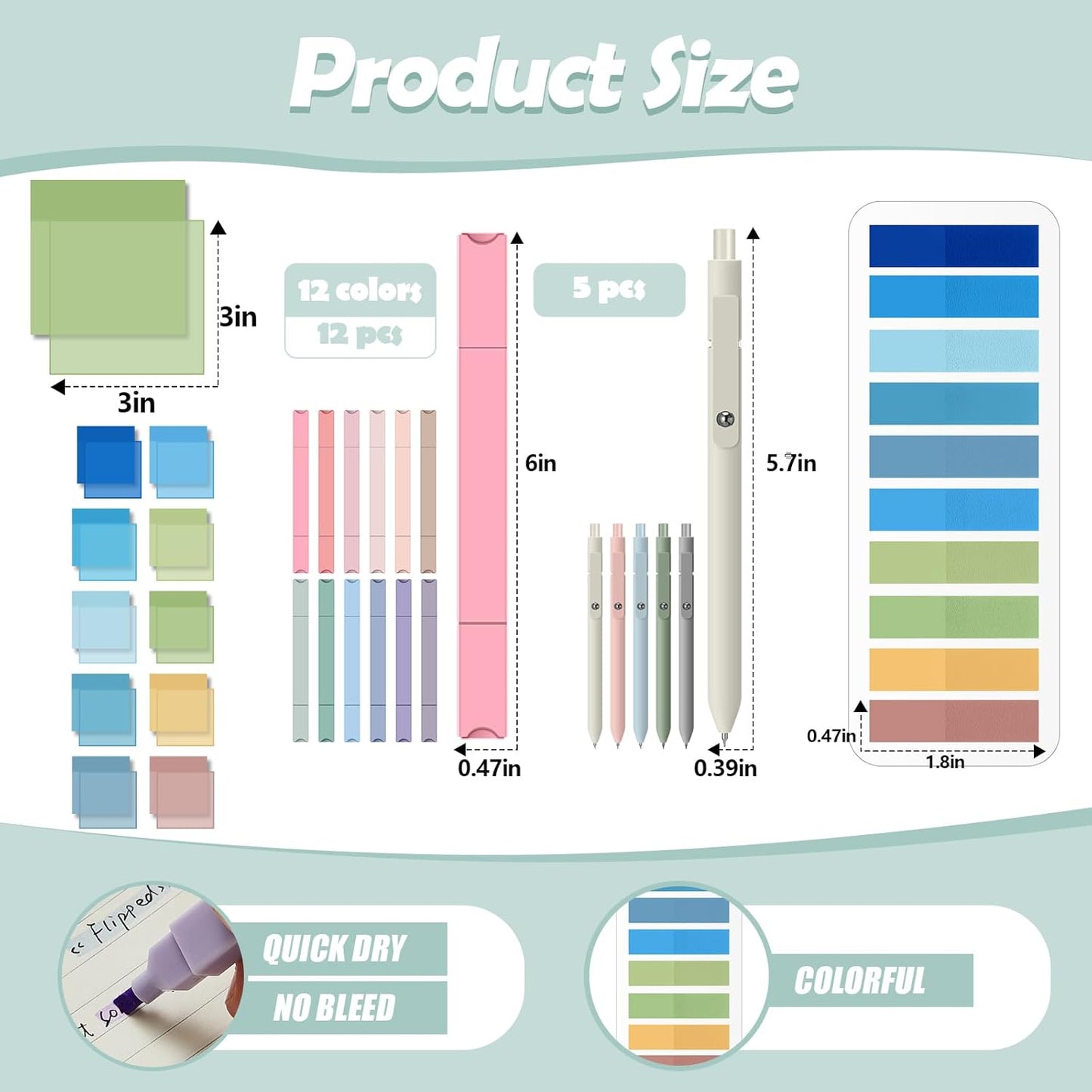 Jutom 38 Pcs Book Annotation Kit Aesthetic Highlighters Gel Pens Set Sticky Notes Tabs Markers Dual Ended Highlighter Quick Dry Ink Pens for Office Annotating Books(Blue Series,Square)