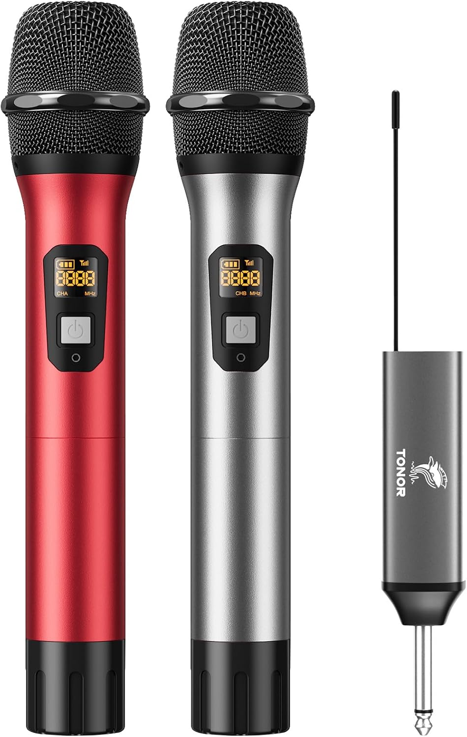 TONOR Wireless Microphones, Cordless Mic with Rechargeable Receiver, 200ft Range UHF Handheld Dynamic Microfonos Inalambricos Professional for Karaoke Singing Party Wedding Church TW630 Silver&Red