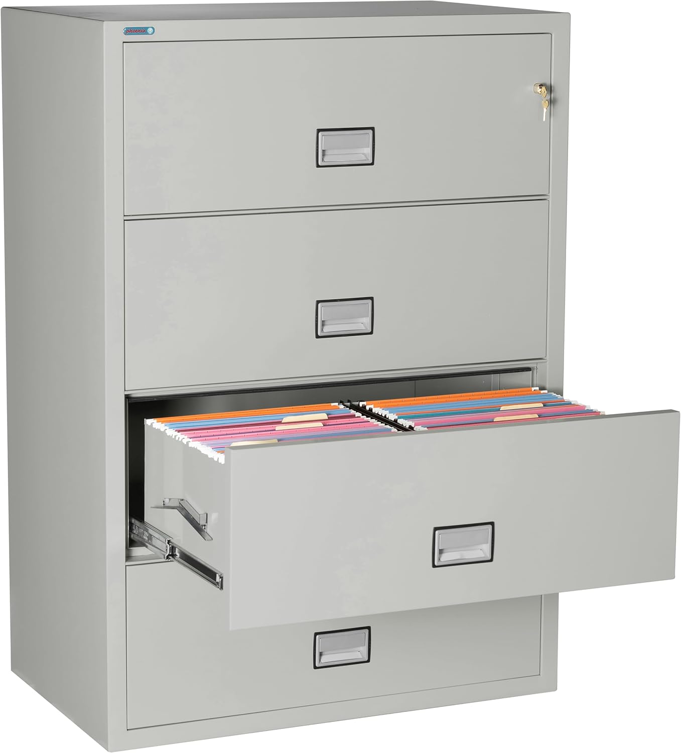 38 inch Wide 4-Drawer Lateral Fireproof File Cabinet – Legal and Letter Size Filing – Key Lock – Water Resistant – Fire Safe and Impact Rated – Light Gray Finish – Model LAT4W38LG