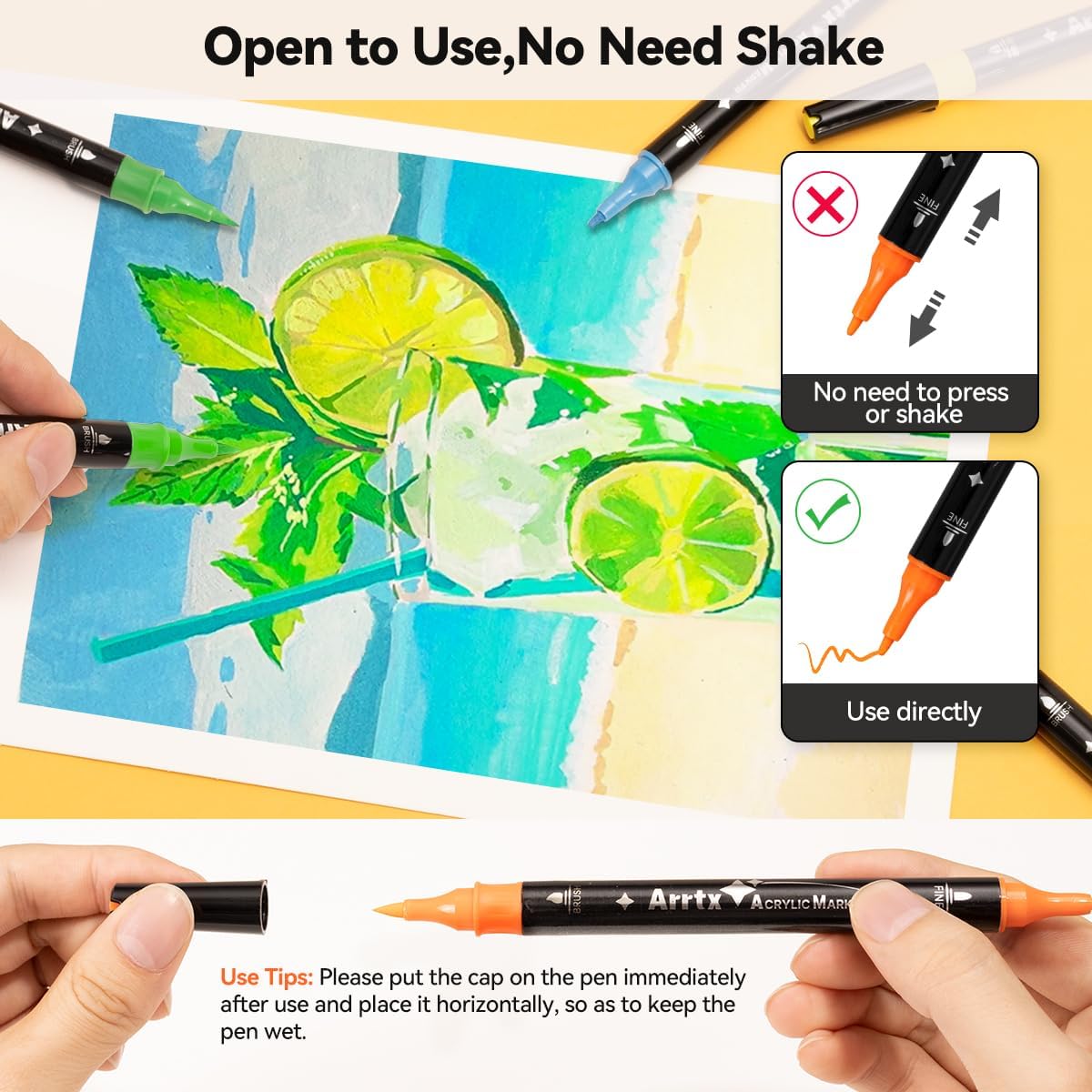 Arrtx Paint Markers Paint Pens, 32 Colors Acrylic Paint Pens for Rock Painting, Ceramic, Wood, Plastic, Calligraphy, Scrapbooking, Brush Lettering, Card Making, DIY Crafts (Fine Tip and Brush Tip)