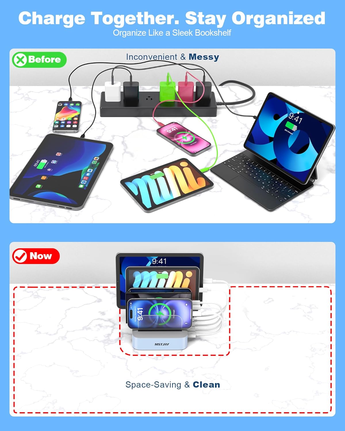 MSTJRY Charging Station for Multiple Devices : 5 Port Multi USB-A Charger Stations Multi-Device Organizer Charging Dock Designed for iPhone iPad Cell Phone Tablets (7 Short Cables Included), Blue