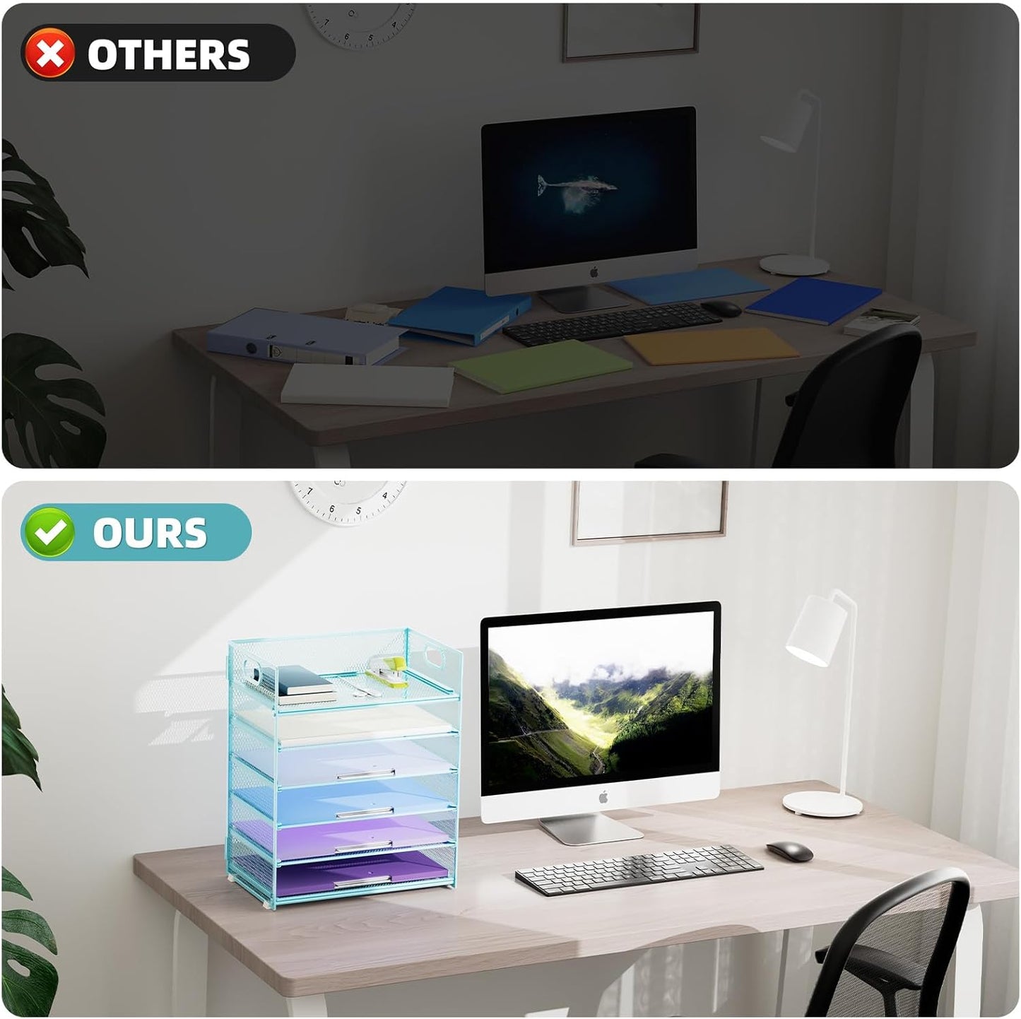 Marbrasse 2 Pack Desk Organizer with Handle, 6 Tier Paper Letter Tray, Mesh Desk File Organizer for Office, School and Home - Blue