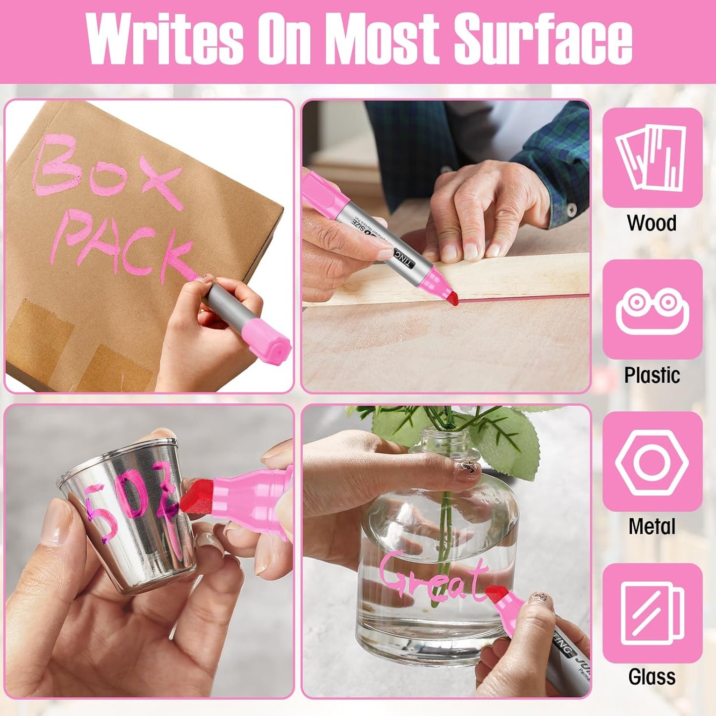 Fuutreo 10 Pack Jumbo Permanent Markers Bulk Large Chisel Tip Permanent Markers Quick Drying Waterproof Big Huge Poster Pens for Office, Logistics Company and More(Pink)