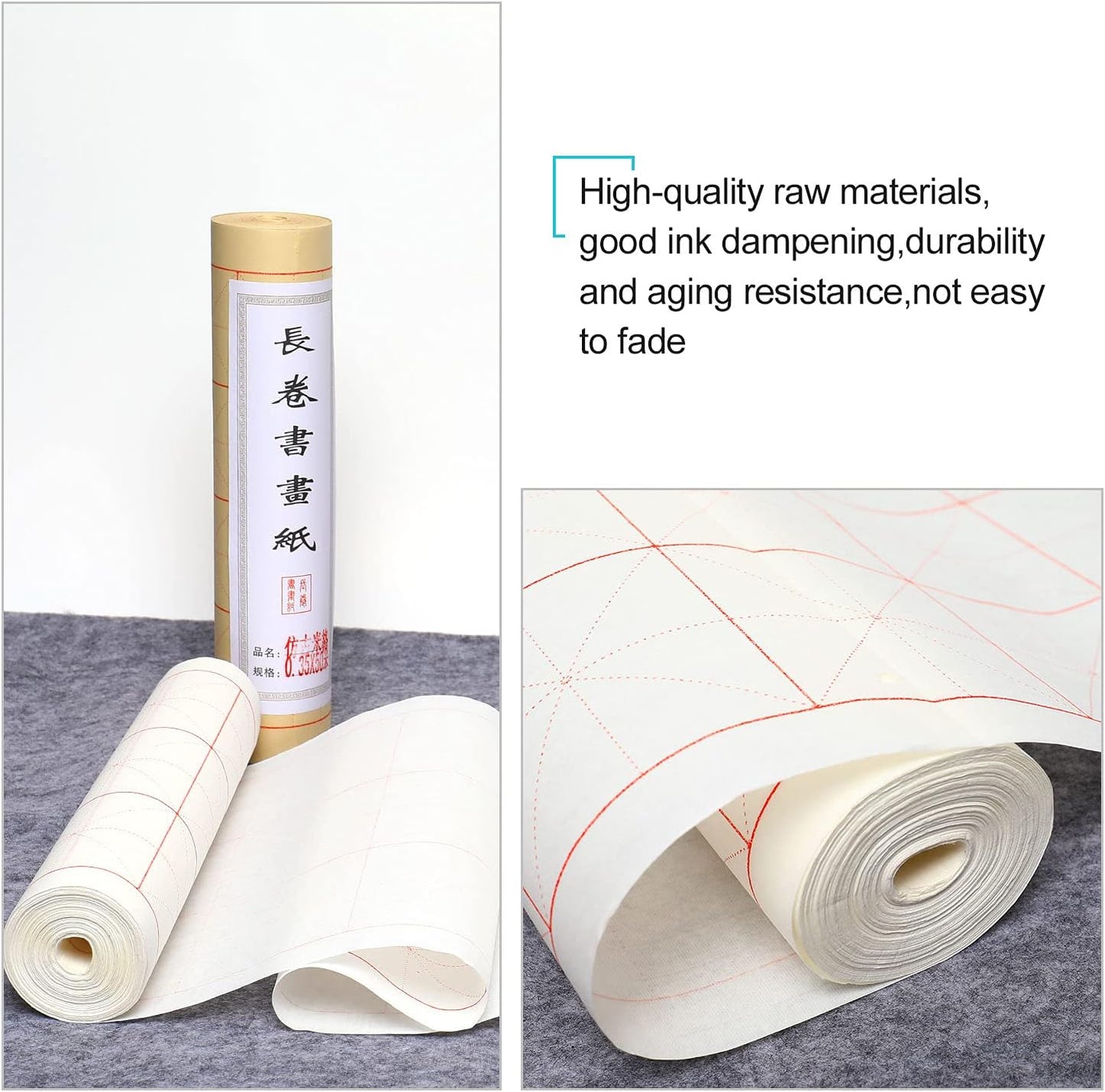 MEGREZ Chinese Calligraphy Brush Writing Sumi Paper, Xuan Paper Roll Rice Paper with Grids for Students and Beginners Practice Chinese Japanese Calligraphy 7.5 cm/Grid, 13.7" x 1968.5"/Roll, White