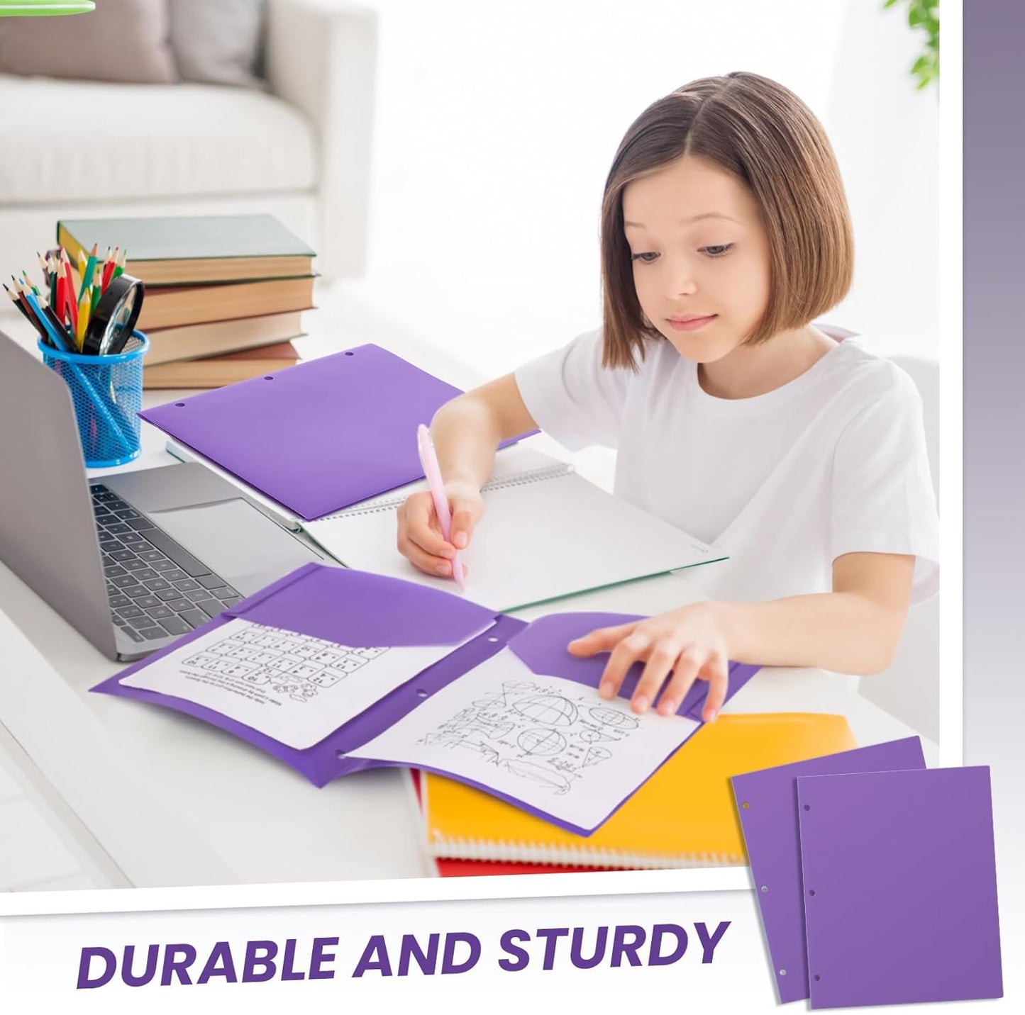 Yeaqee 50 Pcs Plastic Folders with Pockets Bulk 3 Hole Punched 2 Pocket File Folders for 3 Ring Binder Divider Folder for Notebooks, Durable Poly for Office Home (Purple)