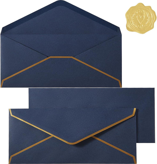 30 Pack Thick #10 Business Envelopes with Gold Border, 4 1/8 x 9 1/2 Thick Paper Standard Envelopes with Stickers for Office, Checks, Letter Mailing, Invoices (Navy Blue)