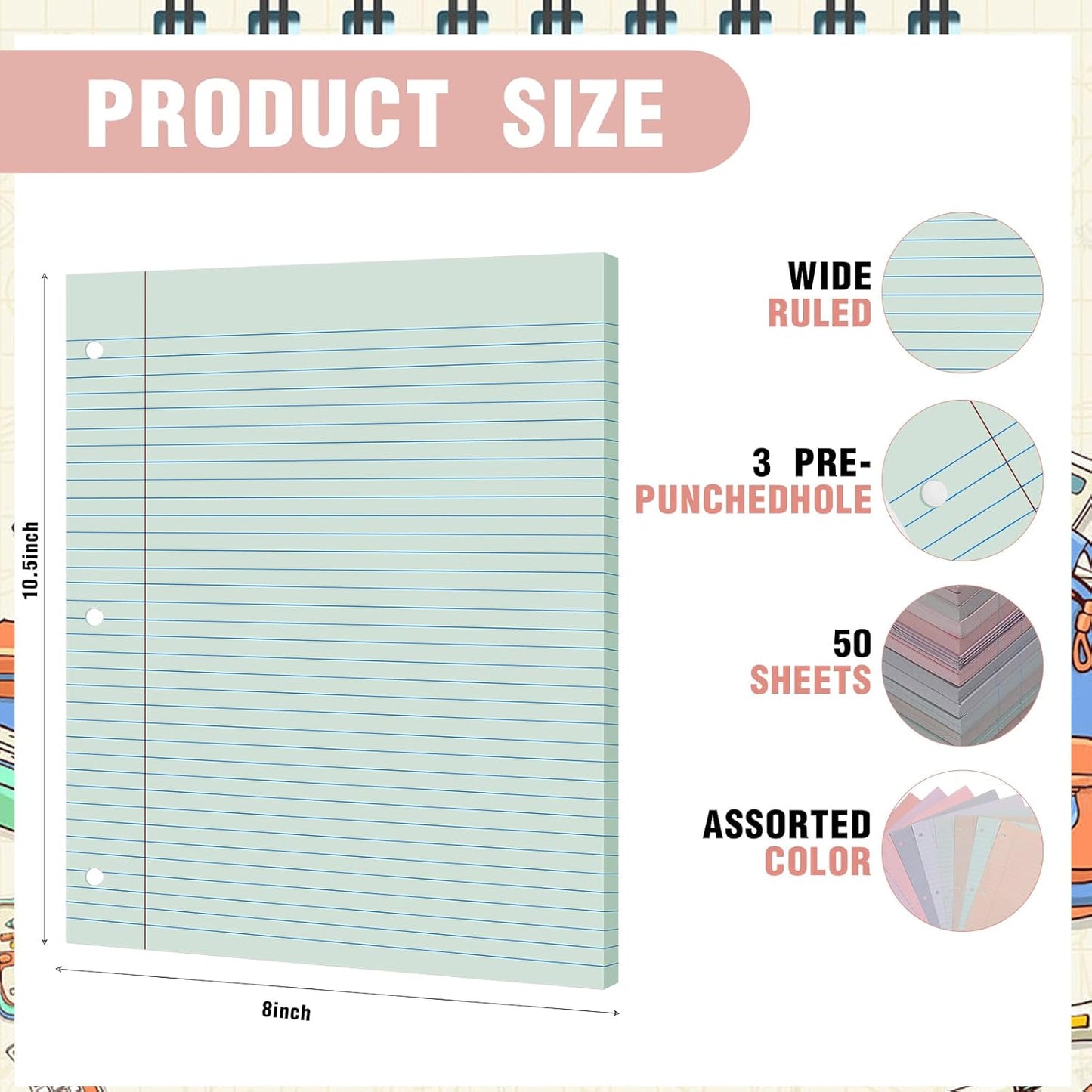 PerKoop 12 Pack 600 Sheets Colored Lined Paper Bulk Wide Ruled 8 x 10.5 Inches, Pastel Loose Leaf Notebook Paper 3 Hole Punched Filler for Back School Classroom Supplies(Fantasy Color)
