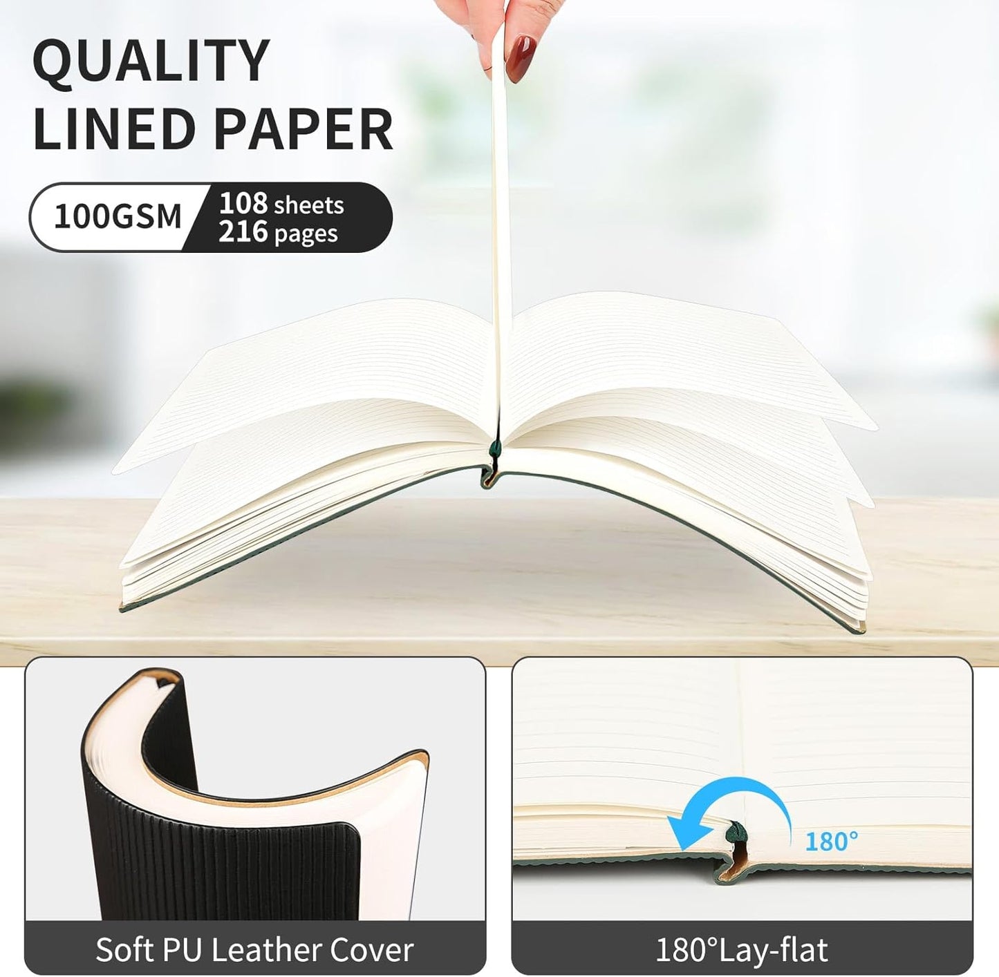 TSFPapierA5 Lined Notebook with Pen & Gift Box 216 Pages PU Leather Journals for Women Men 100GSM Thick Paper College Ruled Notebook for School,Travel,Business,Work,Home Writing (A5 Lined 216pages, Black - Gift Box Set)