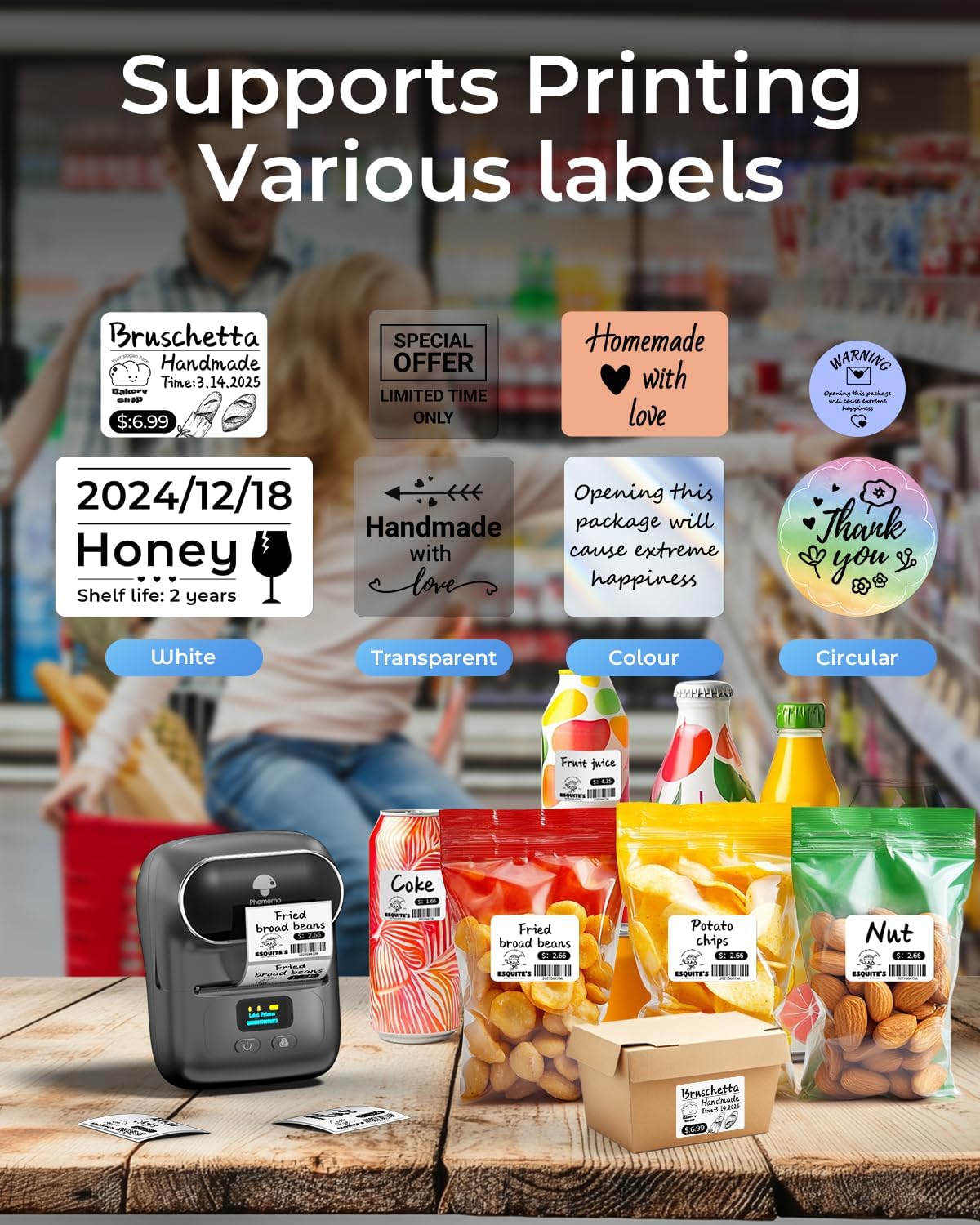 Phomemo M110 Thermal Label Makers- Barcode Label Printer Bluetooth Label Maker Portable Printer for Small Business, Address, Logo, Clothing, Mailing, Sticker Printers for Phone & PC, Gray