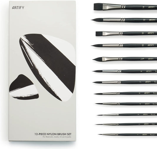 ARTIFY 12 PCS Watercolor Brushes Set, Synthetic Paint Brushes for Watercolor Painting, Acrylic, Gouache & Oil Painting - Detail Paint Brushes, Round, Flat, Cat's Tongue,Liner for Beginners & Kids