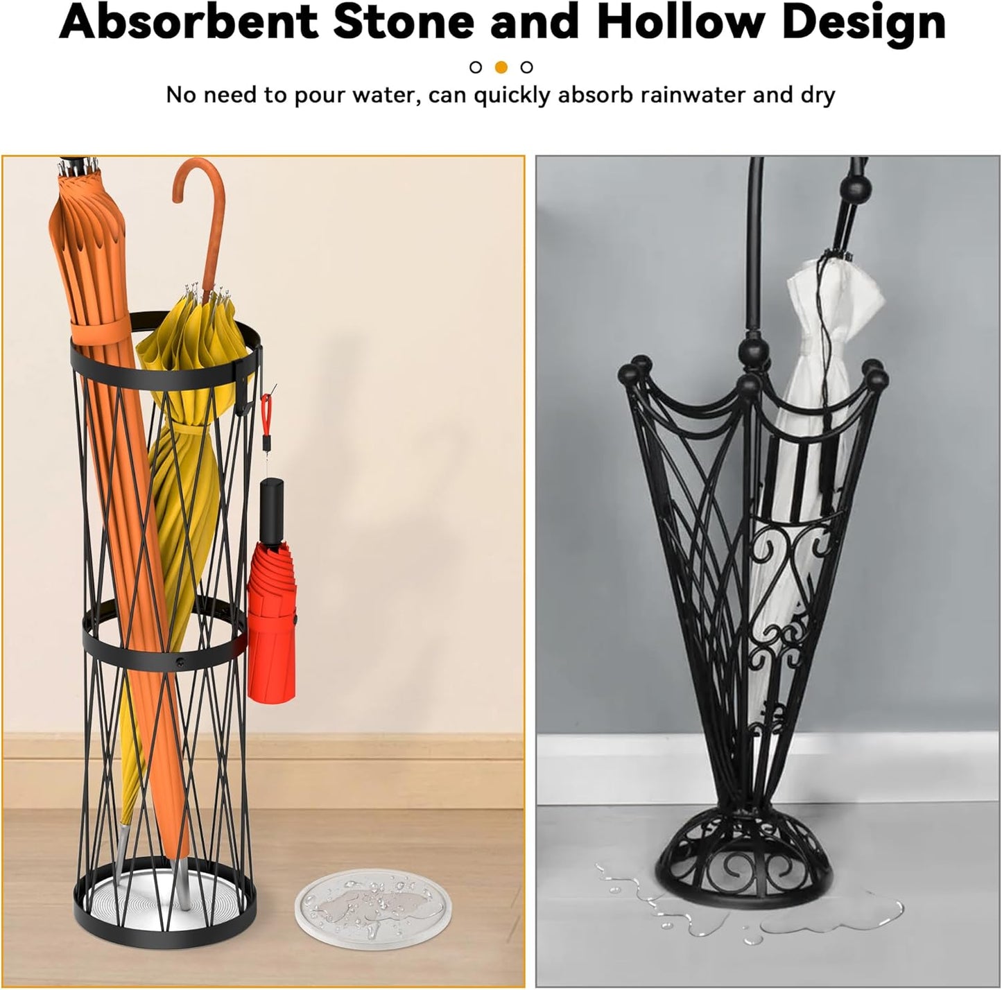 23 Inch Metal Umbrella Holder with Soak Stone and Hooks, Umbrella Stand for Entryway Indoor Outdoor, Umbrella Rack Storage for Home, Office, Hotel