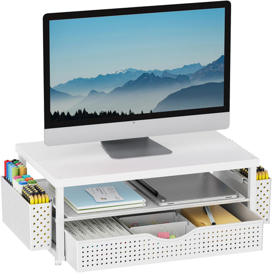 gianotter Wood Monitor Stand Riser, Office Desk Shelf Organizer, Desk Organizer with Drawer and Pen Holder, 2-Tier Computer Stand, Office Organization (Matte White)