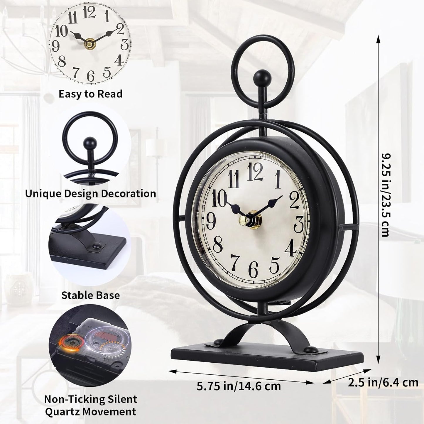 Small Vintage Metal Desk Clock, Decorative Table Clock for Living Room, Silent Mantel Clocks Farmhouse Shelf Decor Battery Operated, 9.5" Black