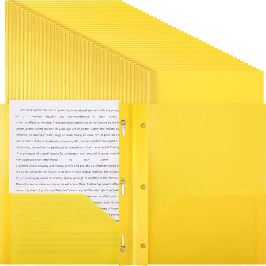 Patelai 48 Pcs Plastic Folders with 2 Pockets and 3 Prongs Home Folders with Card Slot Letter Size Heavy Duty Report Covers for Back to School(Yellow,Classic)