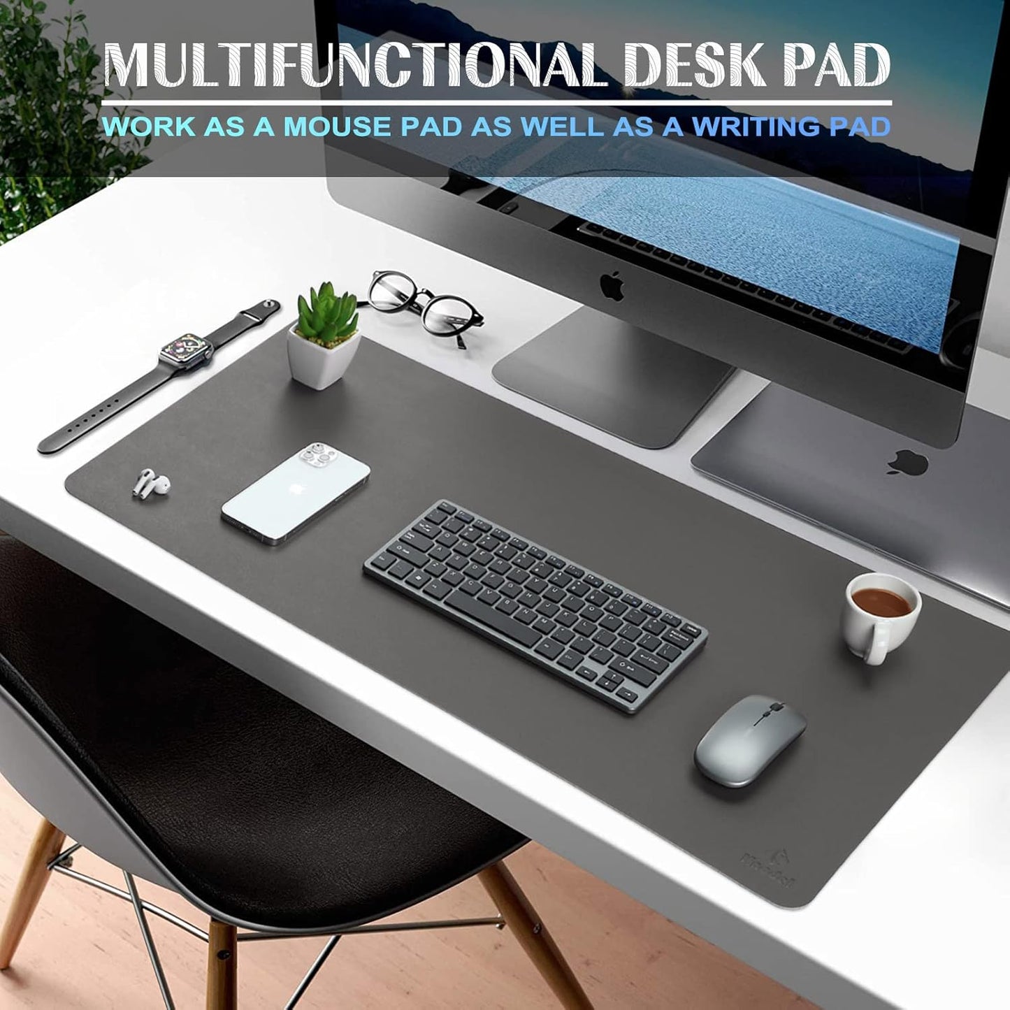 K KNODEL Large Office Leather Desk Mat, Mouse and Keyboard Pad, Computer and Laptop Mat, Desktop Protector and Cover, Writing Pad and Blotter (35.4"x17", Dark Gray)