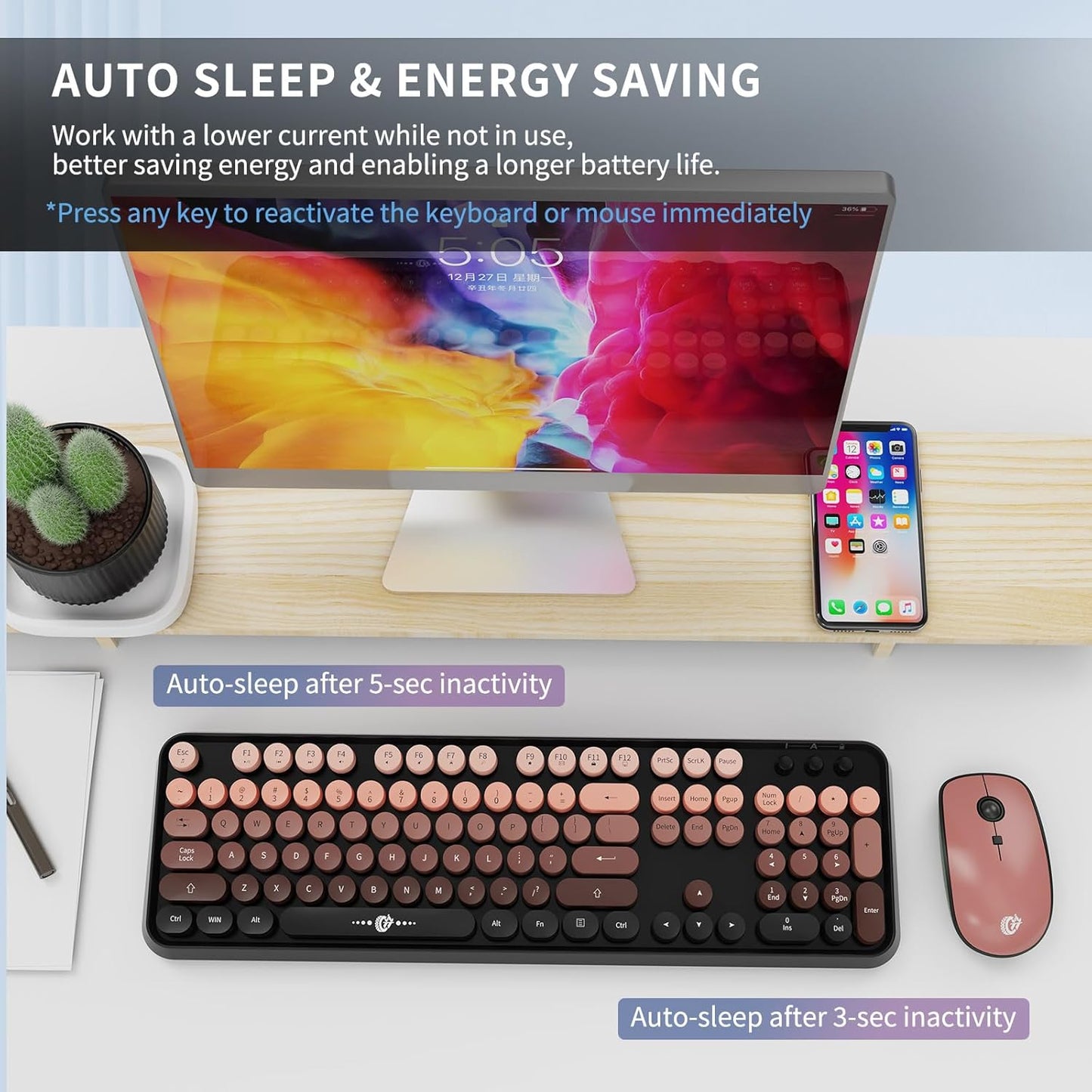 FD Wireless Keyboard and Mouse Combo - 2.4G Full-Sized Cute Colorful Mouse and Keyboard with 104 Round Keys Retro Typewriter Keyboard for Laptop/Windows/PC - Black Gradient