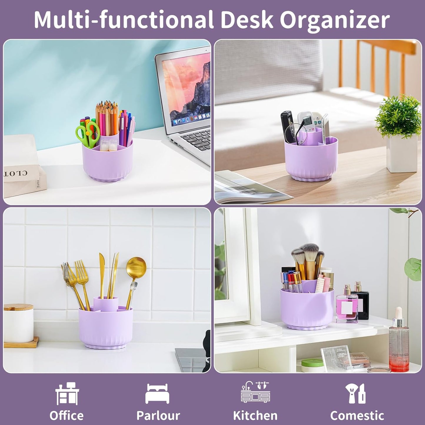 Marbrasse Desk Organizer, 360-Degree Rotating Pen Pencil Holder, Desk Organizers and Accessories with 5 Compartments Pencil Holder, Art Supply Storage Box Caddy for Office, Home(Purple)