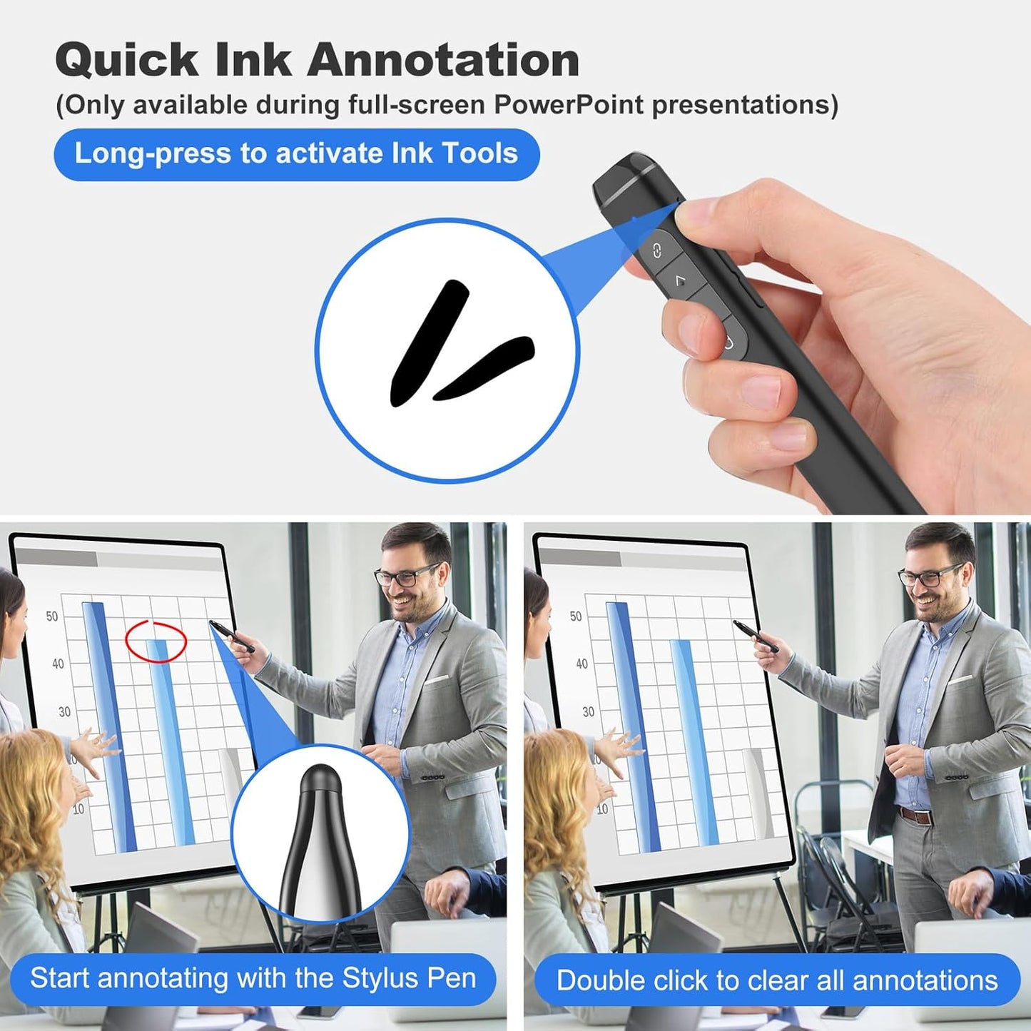 Presentation Clicker with Stylus Pen for Touch Screen, Clicker for Powerpoint Presentations, Computer Wireless Presenter Powerpoint Clicker with Laser Pointer for Presentations Remote Smartboard