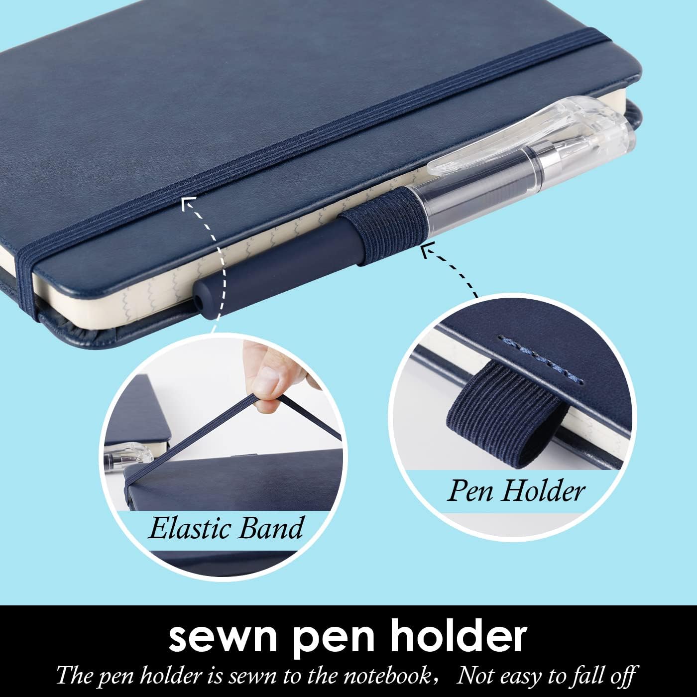 Pocket Notebook Journals, 3 Pack Mini Small Notebooks for Work, Leather Cover Notepad with 3 pens, Elastic Closure, Blue