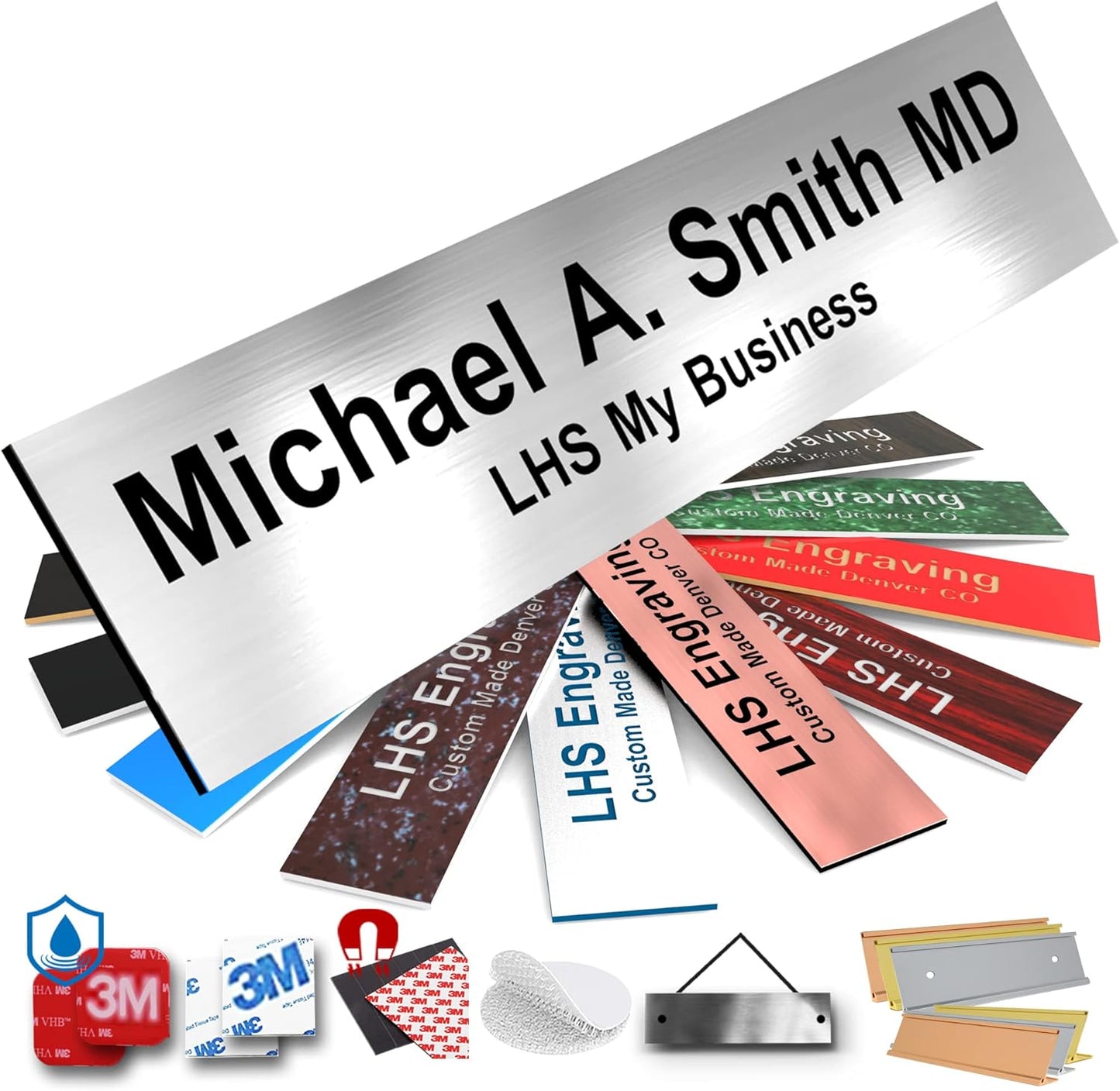 Door Name Plate Personalized for Office Brushed Steel Plastic Name Plate Black Letters - Made in USA 2x6 M1