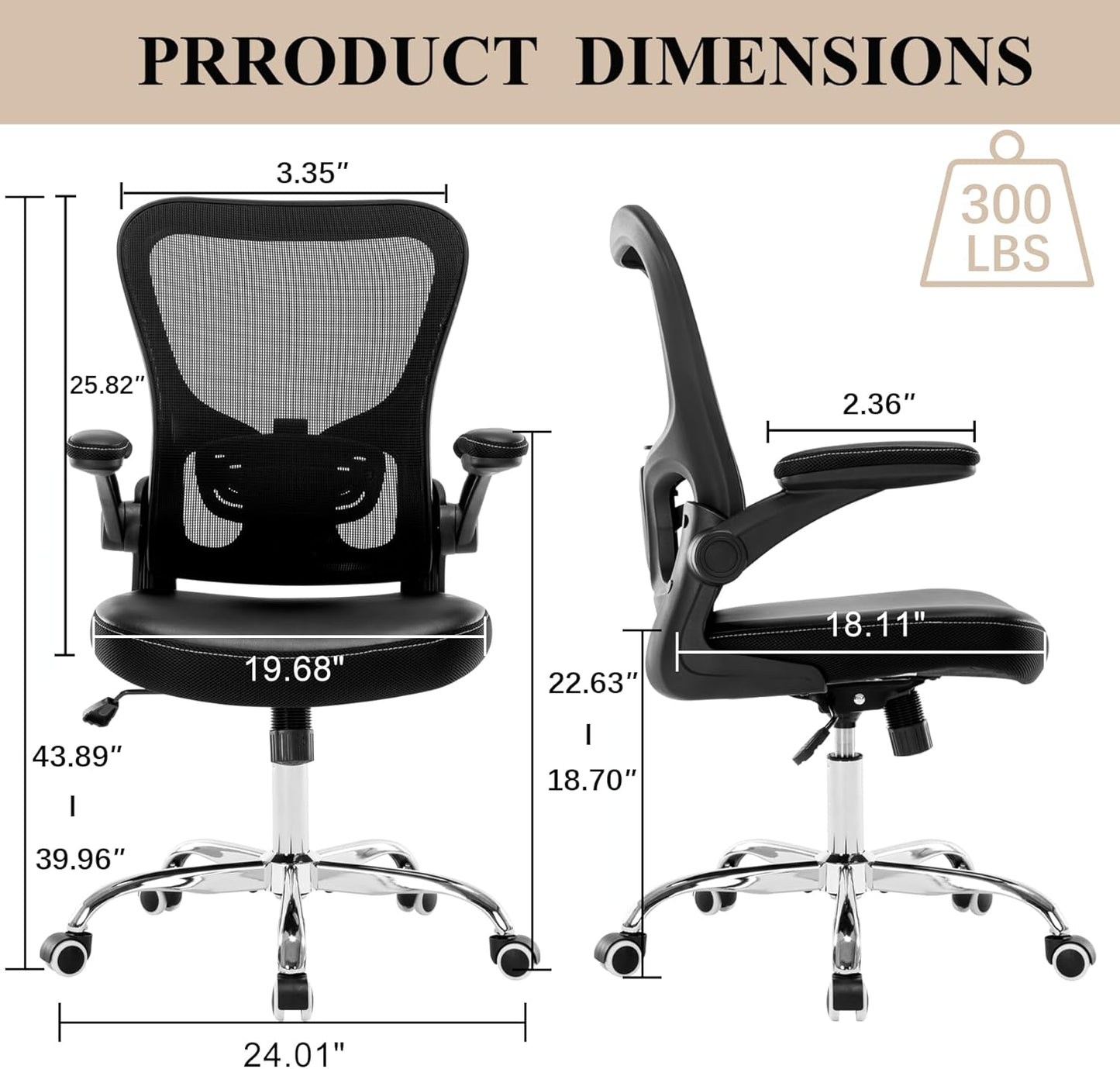 Office Chair, Mesh Ergonomic Desk Computer Chair with PU Leather Flip-up Armrest, Home Task Chair with Lumbar Support, Adjustable Executive Mid Back, Rolling Swivel,Black