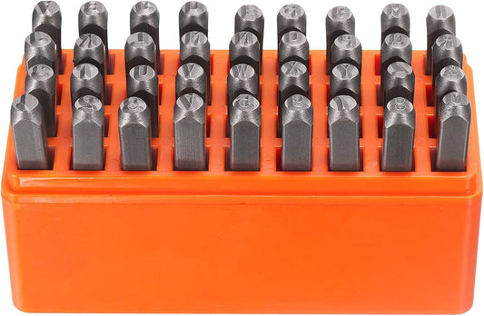 HARFINGTON 36pcs Metal Stamping Kit 3/16" (5mm) Steel Uppercase Letter and Number Punch Set (A-Z / 0-8 / "&" Symbol) Punch Press Tool with Case for Imprinting Metal Plastic Wood Leather