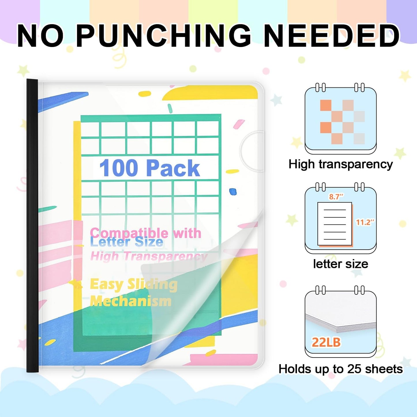 TOTiyea 100 Pack Letter Size Clear Report Covers with Sliding Bars, 5mm (25 Sheet Capacity) Sliding Bar File Folders, Black