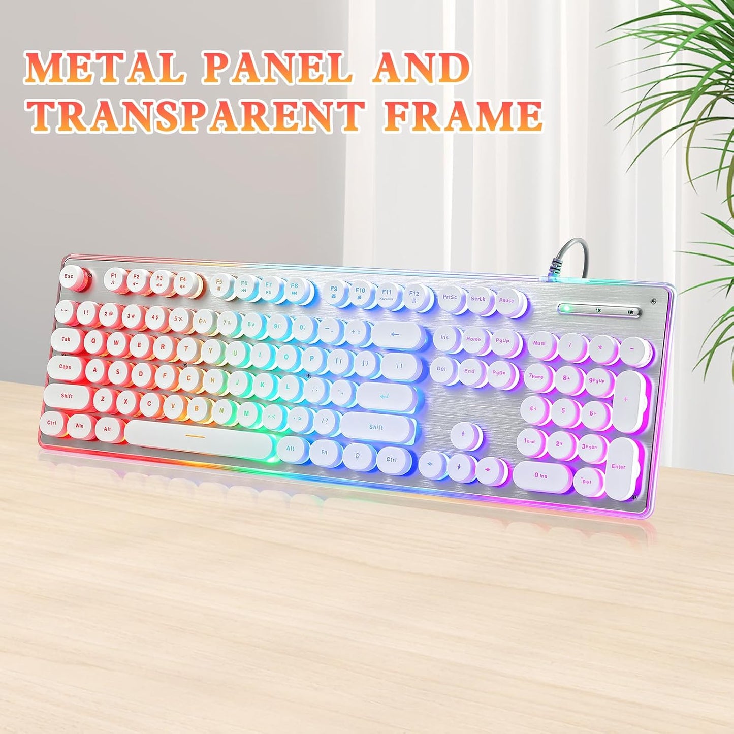 Typewriter Style Keyboard with Metal Panel, Rainbow LED Backlit, Round Keys, Anti-ghosting, Spill Resistant, Light Up USB Wired Retro 104 Keys for Office/Gaming, White/Silver