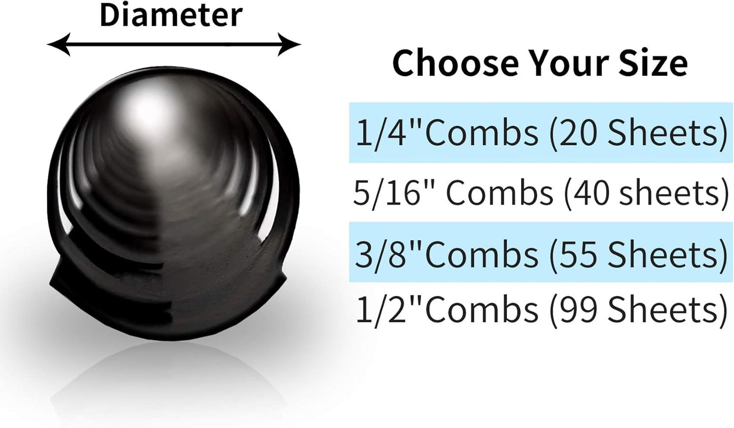 Rayson CR681012-BK Plastic Comb Binding Ring, 1/4in,5/16in,3/8in,1/2in, 19-Ring Letter Size, Black Comb Spines, Multi-Size Pack of 100