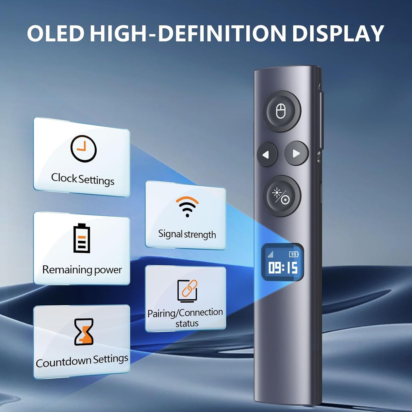 Norwii N95s BLE Presentation Clicker with Digital Pointer for PowerPoint Presentation on TV Screen and Projection Screen, Wireless Presenter Remote with Countdown Timer (Green Light-USB-AC)