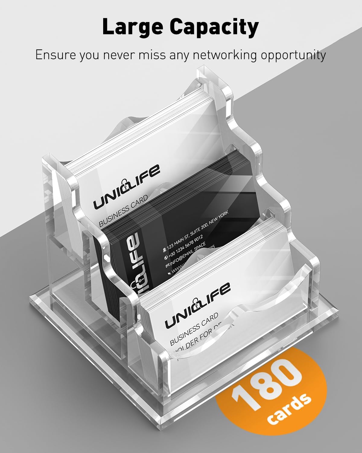 Uniclife Acrylic Business Card Holder for Desk 3 Slots Clear Horizontal Business Card Display Stand for Men & Women Desktop Name Card Organizer Card Stand for Office Home Exhibition, 180 Card Capacity