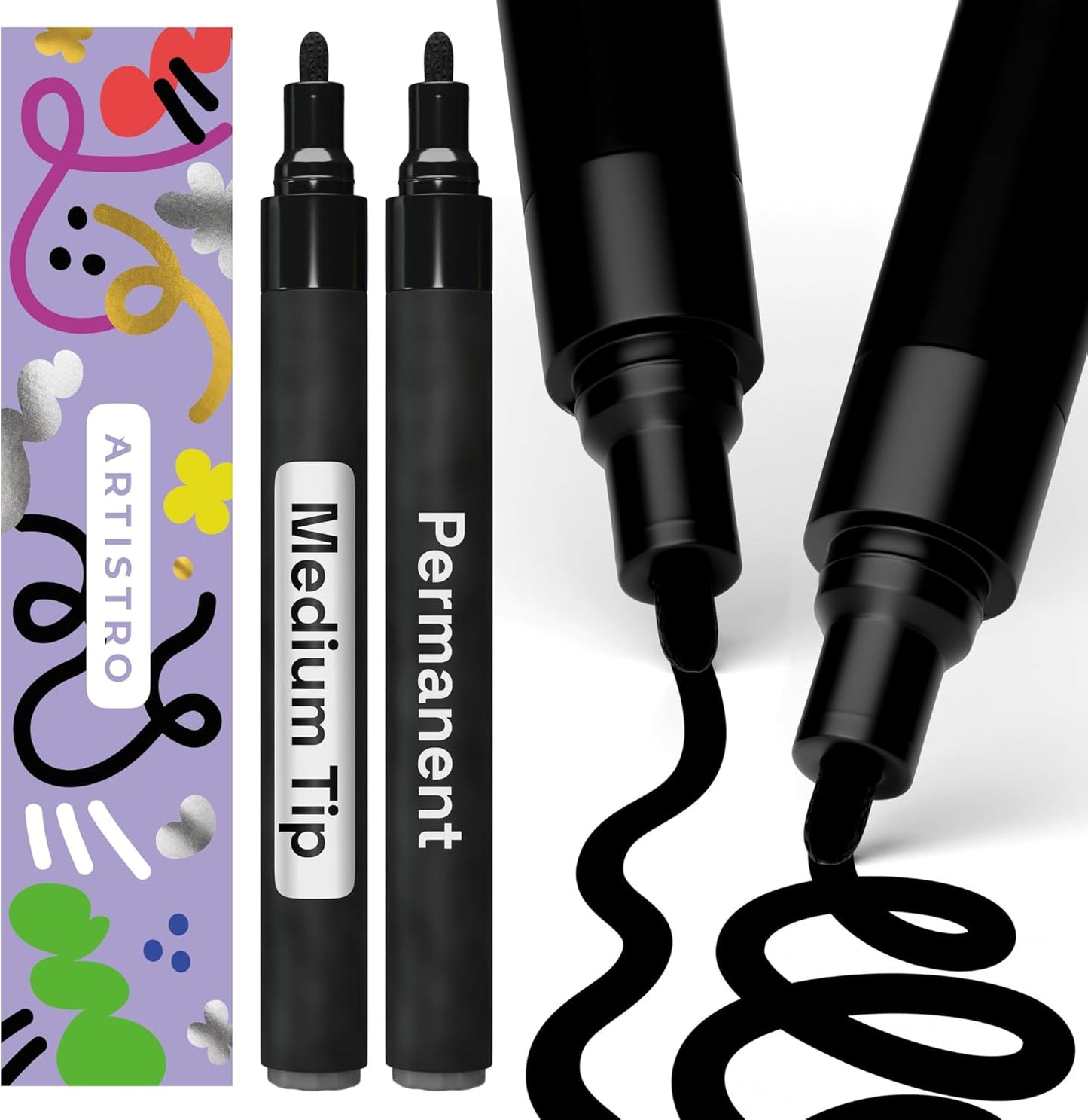 ARTISTRO 2 Black Permanent Marker - Waterproof Markers for Tire, Fabric, Rocks, Glass, Ceramic, Wood, Paper - Oil Based Paint Pens - Medium Tip 3mm