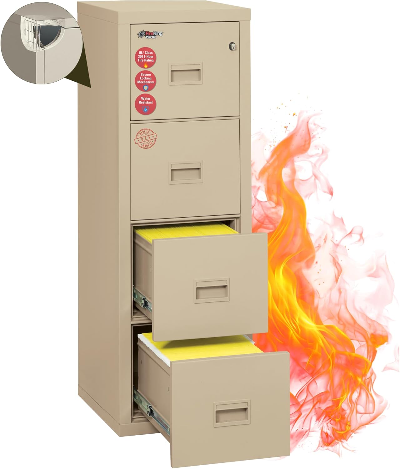 FireKing Turtle Vertical 4 Drawer Legal and Letter Fire Safe File Cabinet with Key Lock, 1 Hour Fire Rated, UL Rated & Water Resistant Home Safe, Filing Cabinet, Made in The USA, Parchment