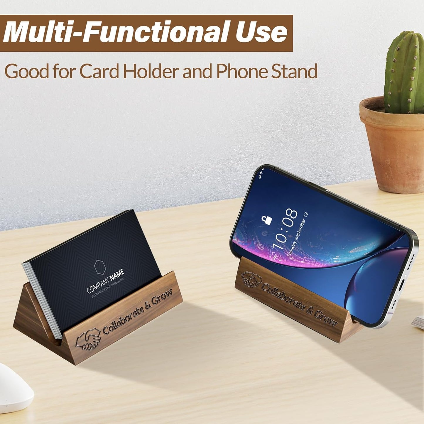 Custom Business Card Holder Desk-Personalized Engraved Wooden Business Card Case Holder, Customized Name Logo Business Card Display Gifts for Men Women (Walnut-Whole)