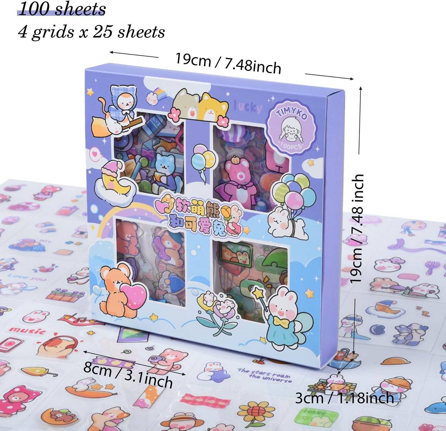 Kawaii Cute Journaling Scrapbook Stickers - 100 Sheets Cartoon Transparent Sticker for Junk Journal Stationary Planner Album Calendars Supplies Notebook DIY Craft Decor