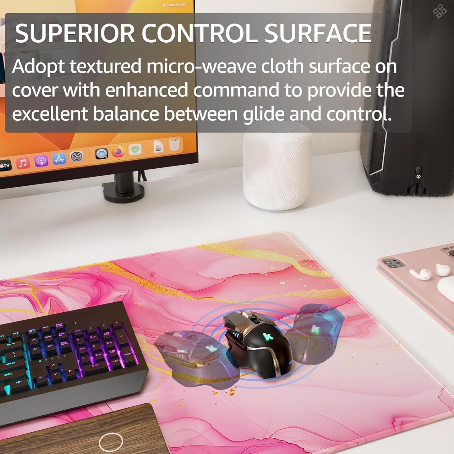 KTRIO Large Gaming Mouse Pad with Stitched Edges, Extended Mousepad with Superior Micro-Weave Cloth, Non-Slip Base, Water Resist Keyboard Pad for Gamer, Office & Home, 31.5x15.7in, Pink Marble