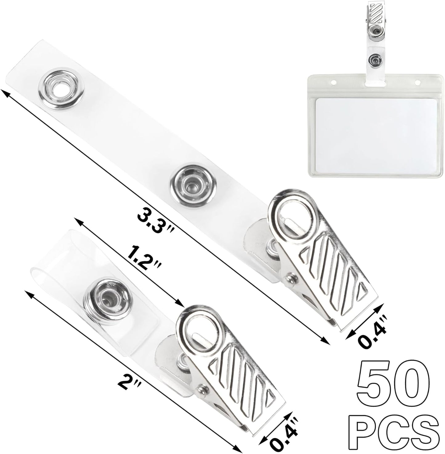 Happy Trees 50 Pcs Metal Badge Clips with Clear PVC Straps, ID Holder Clip for Badge Holders, Name Tags, ID Cards, Work Badges