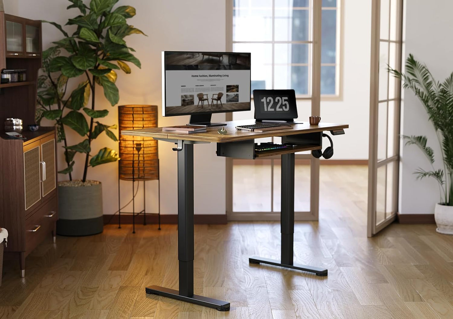 YDN Standing Desk, Height Adjustable Computer Desk with Keyboard Tray, 48 Inch Rustic Brown Ergonomic Desk for Home Office and Gaming