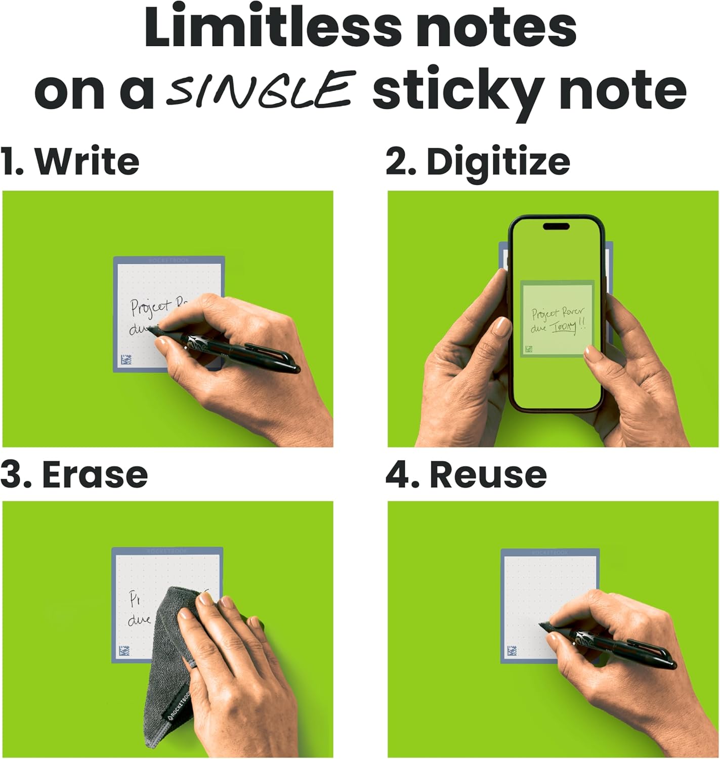 Rocketbook Reusable Sticky Notes Expansion Pack, 3"x3", 16 Multi-Colored Sticky Notes - Dotted Paper, App-Connected, Erasable, Reusable Adhesive, Ideal for to-Do Lists and Reminders